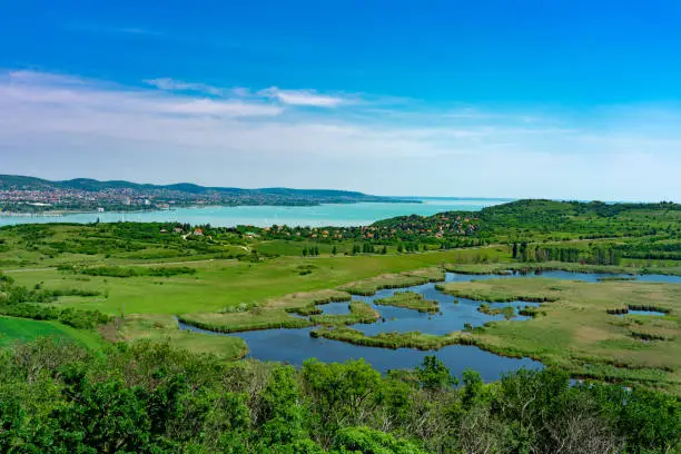 Arial panoramic view of Balaton in Tihany with the inside lake from the rtorony look out observation tower