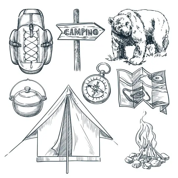 Vector illustration of Camping vector sketch illustration. Camp stuff design elements isolated on white background