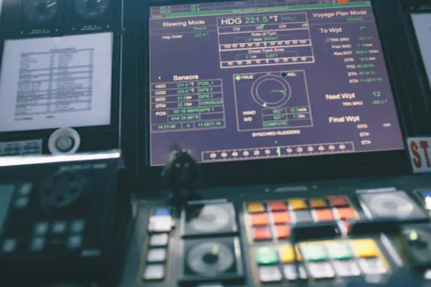 Photo of Control room of vessel and operated by captain and crews boat with have a lot control function and communication with marine control. Interior of boat control room and offshore life in ocean