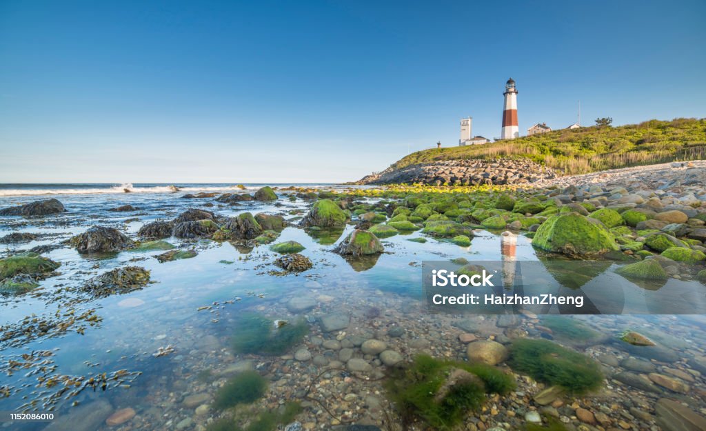 Lighthouse at Montauk point, Long Islands Long Island, Montauk Point, The Hamptons, New York State, Lighthouse The Hamptons Stock Photo