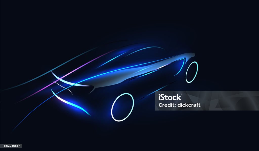 Concept car futuristica e astratta incandescente al neon silhouette. Modello automobilistico per banner, carta da parati, pubblicità di marketing. Illustrazione vettoriale. - arte vettoriale royalty-free di Automobile