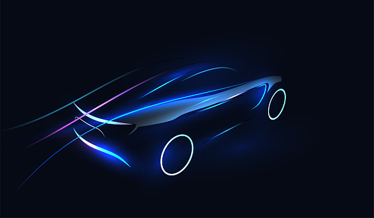 Abstract Futuristic Neon Glowing Concept Car Silhouette. Automotive template for your banner, wallpaper, marketing advertising. Vector eps 10 illustration.