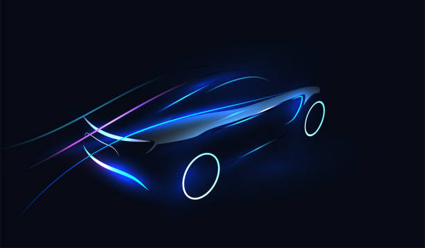 Abstract Futuristic Neon Glowing Concept Car Silhouette. Automotive template for your banner, wallpaper, marketing advertising. Vector illustration. Abstract Futuristic Neon Glowing Concept Car Silhouette. Automotive template for your banner, wallpaper, marketing advertising. Vector eps 10 illustration. electricity silhouettes stock illustrations