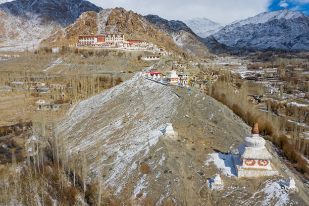 Phyang Gompa (monastery), Indus valley near Leh, Ladakh, India Aerial view of the famous Phyang Monastery on a winter day. The Monastery was founded back in the 14th century. The buddhist monastery belongs to the Drikung Kagyu school of Tibetan Buddhism. phyang monastery stock pictures, royalty-free photos & images