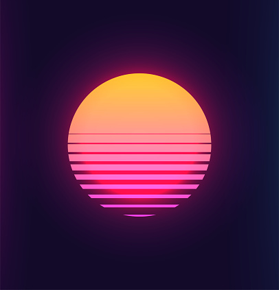 Vintage 80s colorful retro sunset. Vaporwave synthwave styled vector eps 10 illustration of the sun. Template for poster space futuristic background.