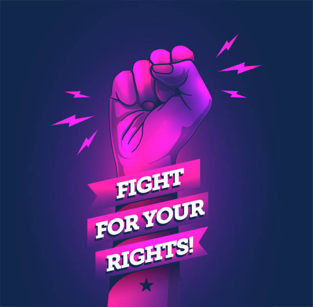 ilustrações de stock, clip art, desenhos animados e ícones de vector illustration of the protest fist with fight for your rights caption. vector illustration. - caption