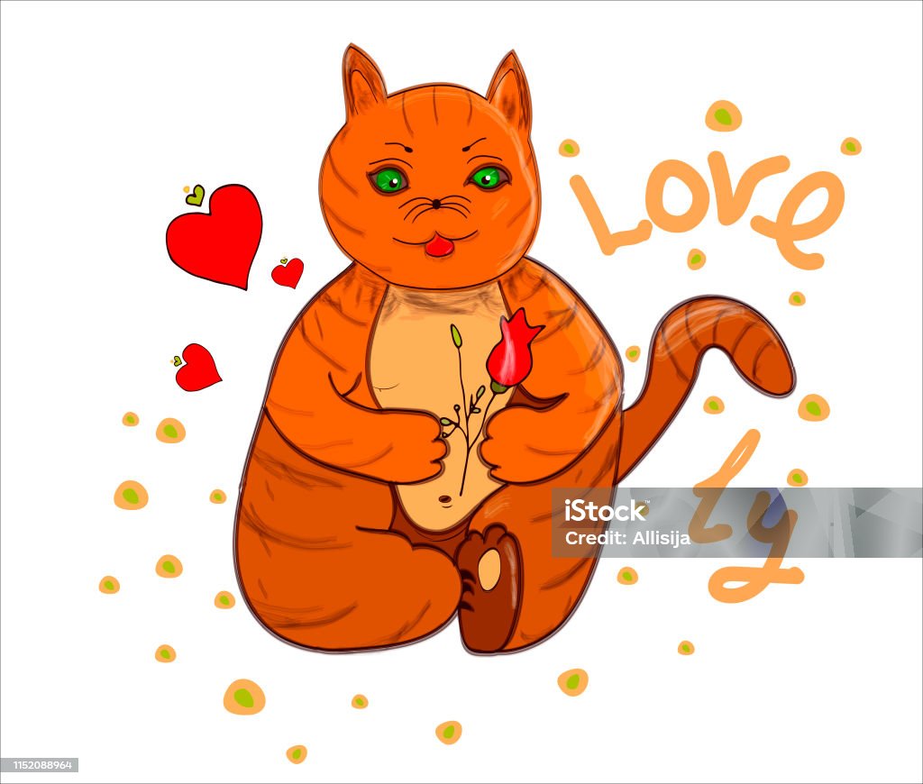 Stylized cat cartoon composition greeting card, isolated print. Orange cat with one rose bud in its paws, sits against the background of stylized green with love and forms of red hearts. Animal Body Part stock vector