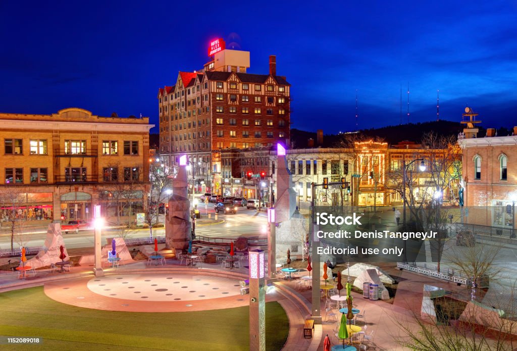 Rapid City, South Dakota Rapid City, South Dakota, USA - May 2, 2019: Evening view of Main Street Square in the Heart of Downtown Rapid City South Dakota Stock Photo