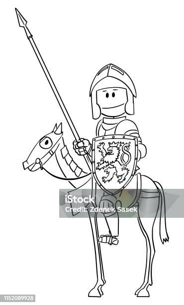 Vector Cartoon Of Knight In Armor And With Lance And Shield Sitting Or Riding On Horse Stock Illustration - Download Image Now