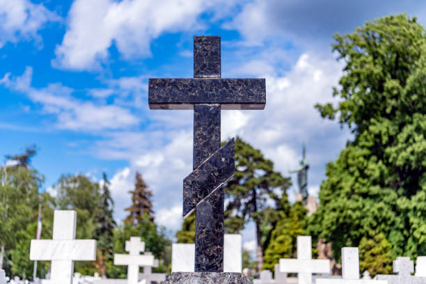 Christian cemetery over green grass.