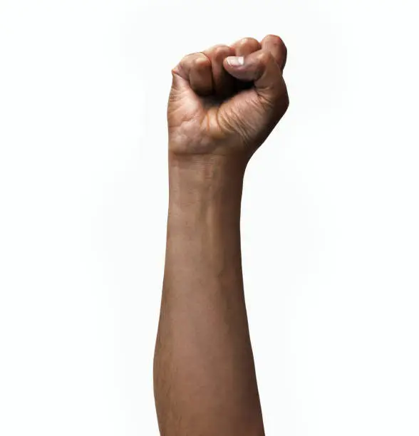 Man fist up a white isolated background