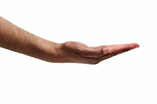 Cropped shot of a side view of a man hand with palm up isolated on a white background