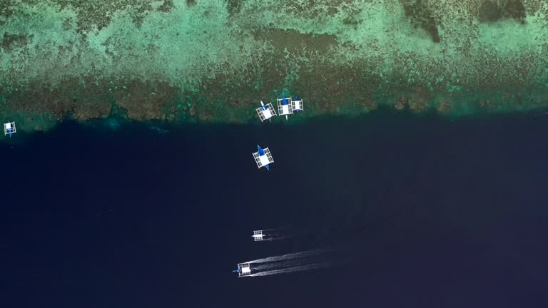 Aerial view of Filipino boats floating on top of clear blue waters, Oslob is a deep clean blue ocean and has many local Filipino boats, Oslob, Cebu, Philippines.