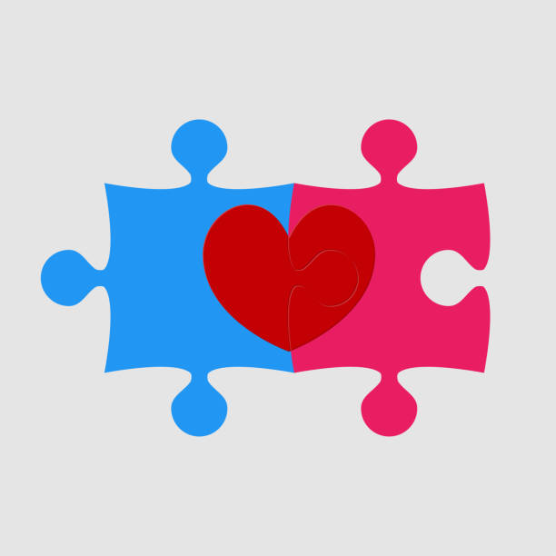 Two pieces puzzle of romantic heart. Wedding. Red pieces puzzle of romantic heart. Vvector puzzle illustration. Jigsaw on Valentine Day. Love, medical, relationship symbol. Autism awareness. Two slices pieces parts heart. 2 hearts stock illustrations