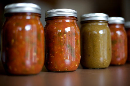 canned salsa from fresh tomato, pepper, cilantro,garlic,onion vegetables red and green Anaheim chili peppers