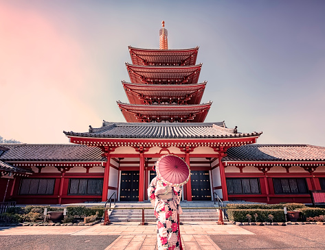 February 2019 - Tokyo, Japan - Girl with traditional dress in Senso-ji temple in Asakusa, Tokyo