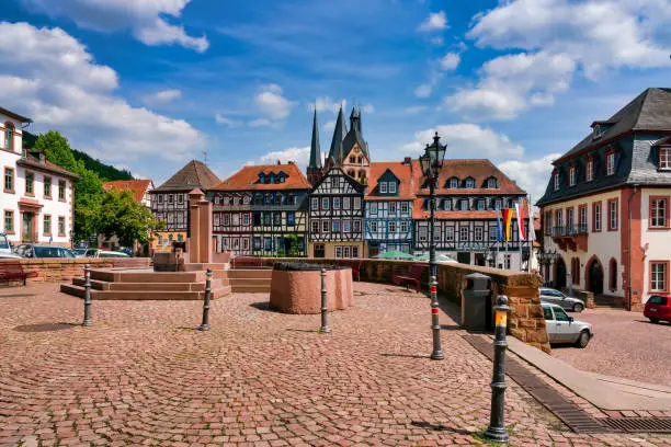 Old town of Gelnhausen with fountain in the foreground, Hesse, Germany