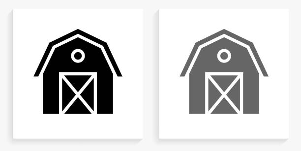 Farming Barn Black and White Square Icon Farming Barn Black and White Square Icon. This 100% royalty free vector illustration is featuring the square button with a drop shadow and the main icon is depicted in black and in grey for a roll-over effect. barn stock illustrations
