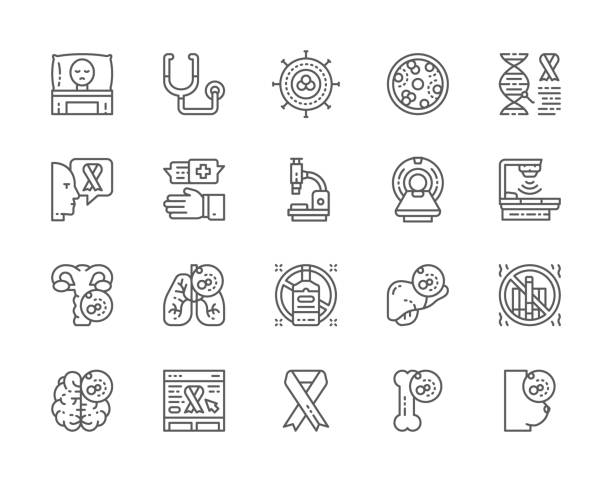 Set of Cancer and Chemotherapy Line Icons. Oncology, Sarcoma, Leukemia and more. Set of Cancer and Chemotherapy Line Icons. Oncology, Chest Tumors, Sarcoma, Leukemia, Dna Molecule, Stethoscope, Microscope, MRI Scanner and more. cancer cell stock illustrations