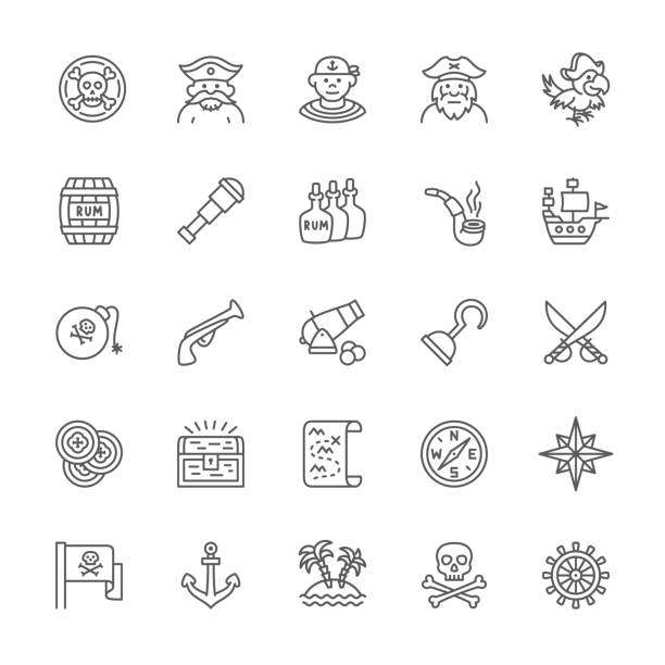 Set of Pirates Line Icons. Sailor, Boatswain, Captain, Parrot, Ship and more. Set of Pirates Line Icons. Sailor, Captain, Parrot, Ship, Cannon, Compass, Anchor and more. pirate criminal illustrations stock illustrations