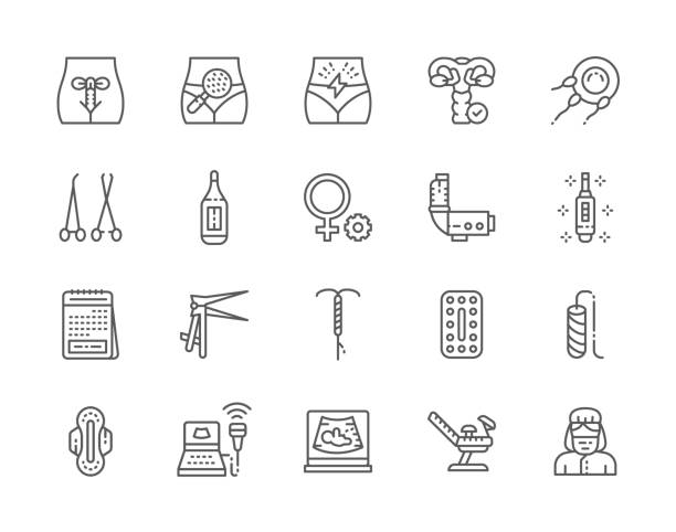 ilustraciones, imágenes clip art, dibujos animados e iconos de stock de conjunto de iconos de línea de ginecología. termómetro, prueba de embarazo, tampon y más - menstruation tampon gynecological examination sex