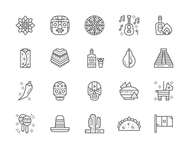 Set of Mexican Culture Line Icons. Tequila, Burrito, Poncho, Agave and more. Set of Mexican Culture Line Icons. Ethnic Tribal Mask, Tequila, Burrito, Poncho, Agave, Avocado, Chili Pepper, Nacho Chips, Maracas and more. spanish culture illustrations stock illustrations