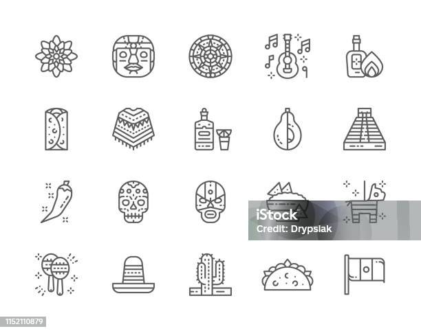 Set Of Mexican Culture Line Icons Tequila Burrito Poncho Agave And More Stock Illustration - Download Image Now