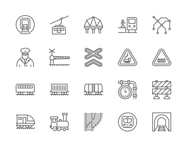 ilustrações de stock, clip art, desenhos animados e ícones de set of train and railways line icons. funicular, subway map, locomotive and more - suspension railway