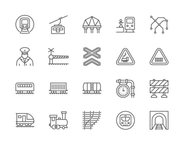 Set of Train and Railways Line Icons. Funicular, Subway Map, Locomotive and more Set of Train and Railways Line Icons. Railroad Tunnel, Funicular, Suspension Bridge, Subway Map, Conductor, Locomotive, Train Roads and more. railroad track illustrations stock illustrations