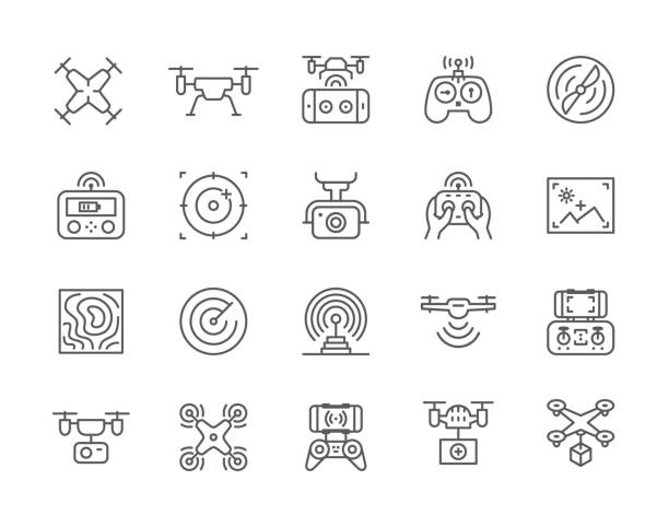 ilustraciones, imágenes clip art, dibujos animados e iconos de stock de conjunto de iconos de línea de dron. mando a distancia, hélice, cámara de acción y más. - radar