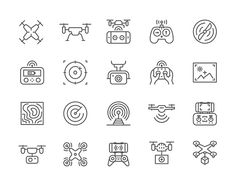 Set of Drone Line Icons. Fast Delivery, Remote Controller, Propeller, City Maps Navigation, Action Camera, Radar Screen, Radio Antenna and more.