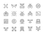 Set of Drone Line Icons. Remote Controller, Propeller, Action Camera and more.