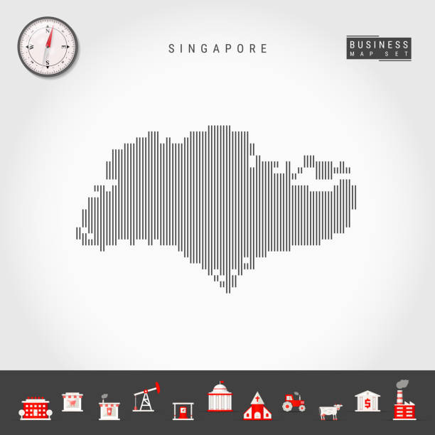 벡터 수직 라인 싱가포르의 지도입니다. 싱가포르의 스트라이프 실루엣. 현실적인 나침반. 비즈니스 아이콘 - silhouette cartography singapore map stock illustrations