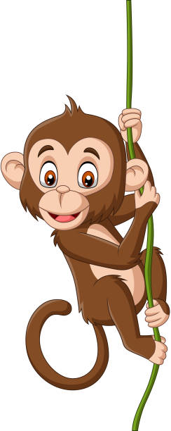 Bebé mono de dibujos animados colgando de una rama de árbol - ilustración de arte vectorial