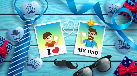Happy Father's Day flat lay style with polaroid frame of dad photo and boy, necktie,glasses and gift box on wood table.Promotion and shopping template for Father's Day.Vector illustration EPS10