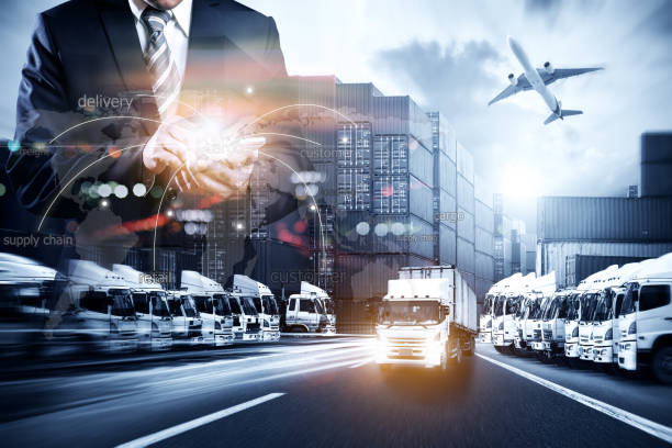 istock World map with logistic network distribution on background. Logistic and transport concept in front Logistics Industrial Container Cargo freight ship for Concept of fast or instant shipping, Online goods orders worldwide 1152114293