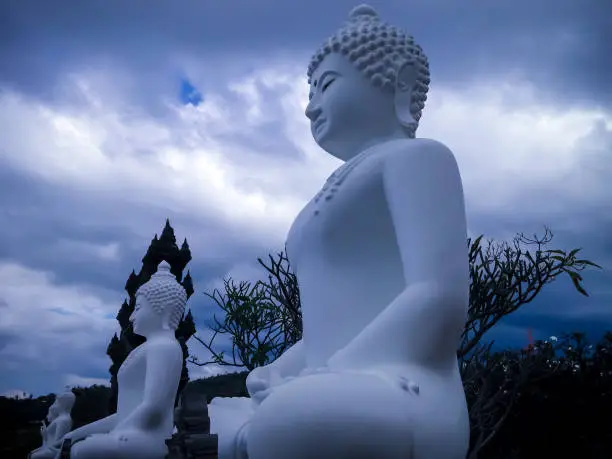 Big White Buddha Statues In The Front Of The Garden In Cloudy Sky At Buddhist Monastery At Banjar Tegeha Village, Bali, Indonesia