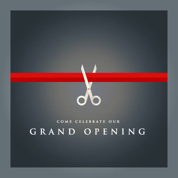 Grand Opening Invitation Design Vector of grand opening design template with silver colored scissors and red ribbon on dark color background. EPS ai 10 file format. opening event stock illustrations