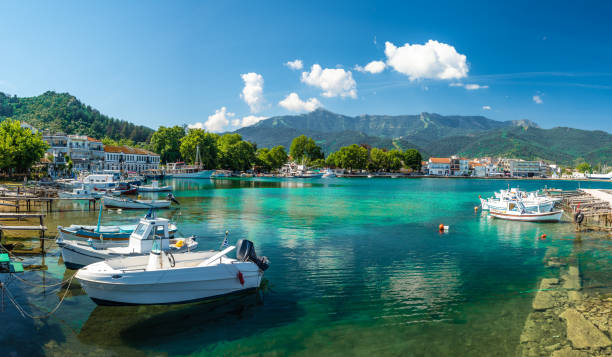 Panoramic view on Limenas Panoramic View on Limenas Thasou, capital and main port of Thassos island, Greece thassos town stock pictures, royalty-free photos & images
