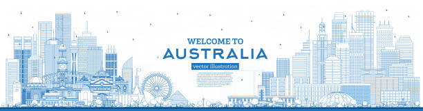 青い建物でオーストラリアのスカイラインへようこそ。 - melbourne skyline australia city点のイラスト素材／クリップアート素材／マンガ素材／アイコン素材