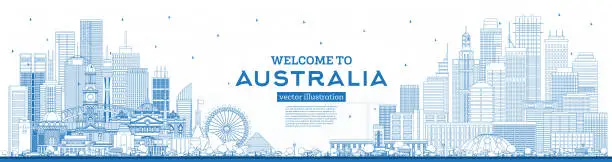 Vector illustration of Outline Welcome to Australia Skyline with Blue Buildings.