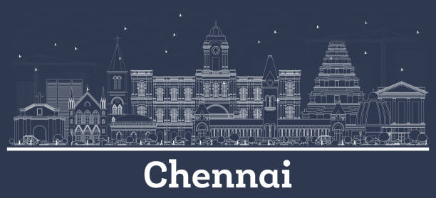 ilustrações de stock, clip art, desenhos animados e ícones de outline chennai india city skyline with white buildings. - india car people business