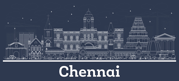 Outline Chennai India City Skyline with White Buildings. Vector Illustration. Business Travel and Tourism Concept with Historic Architecture. Chennai Cityscape with Landmarks.