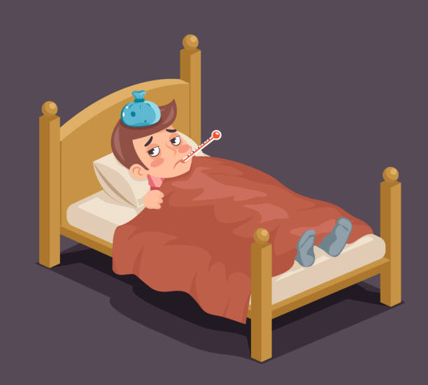 Isometric lying in sick man bed ill cold flu disease illness virus cartoon character design vector illustration vector art illustration