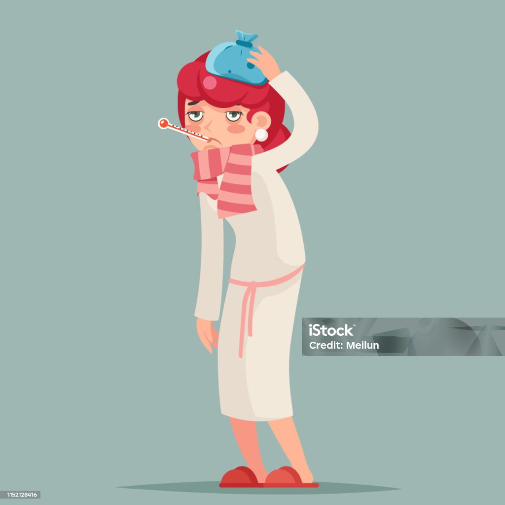 Ill Female Cold Virus Flu Disease Illness Sick Medicine Woman Cartoon  Character Design Vector Illustration Stock Illustration - Download Image  Now - iStock