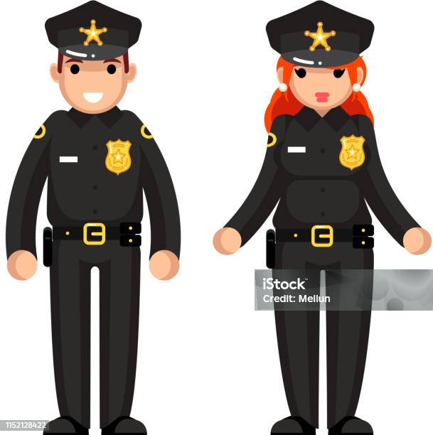 Police Officer Female Male Policeman Flat Design Woman Man Character Law Protection Isolated Vector Illustrator Stock Illustration - Download Image Now