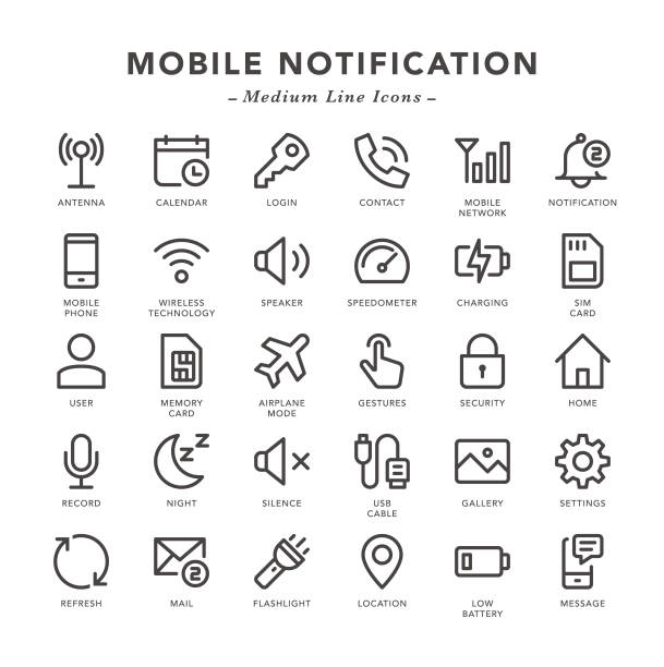 ilustraciones, imágenes clip art, dibujos animados e iconos de stock de notificación móvil-iconos de línea media - batería fotos