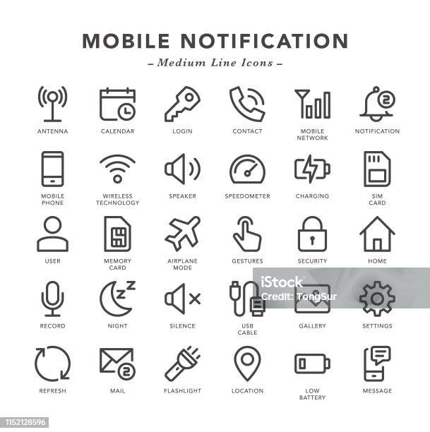 Ilustración de Notificación Móviliconos De Línea Media y más Vectores Libres de Derechos de Ícono - Ícono, Silencio, Teléfono