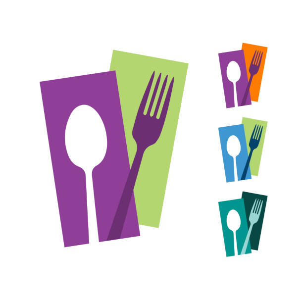 illustrations, cliparts, dessins animés et icônes de cuillère et fourchette logo abstrait pour café et restaurant - flatware silverware in a row eating utensil