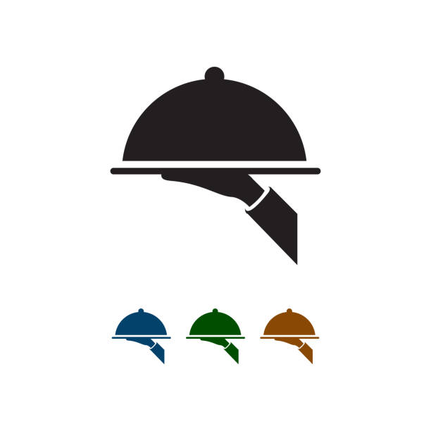 illustrations, cliparts, dessins animés et icônes de plateau de service de nourriture avec l’icône de vecteur de main - plateau à cloche